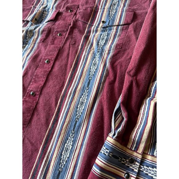 Vintage Wrangler Western Shirts Maroon Blue Tan White L Aztec Pearl Snap XL-Tail - Picture 3 of 8